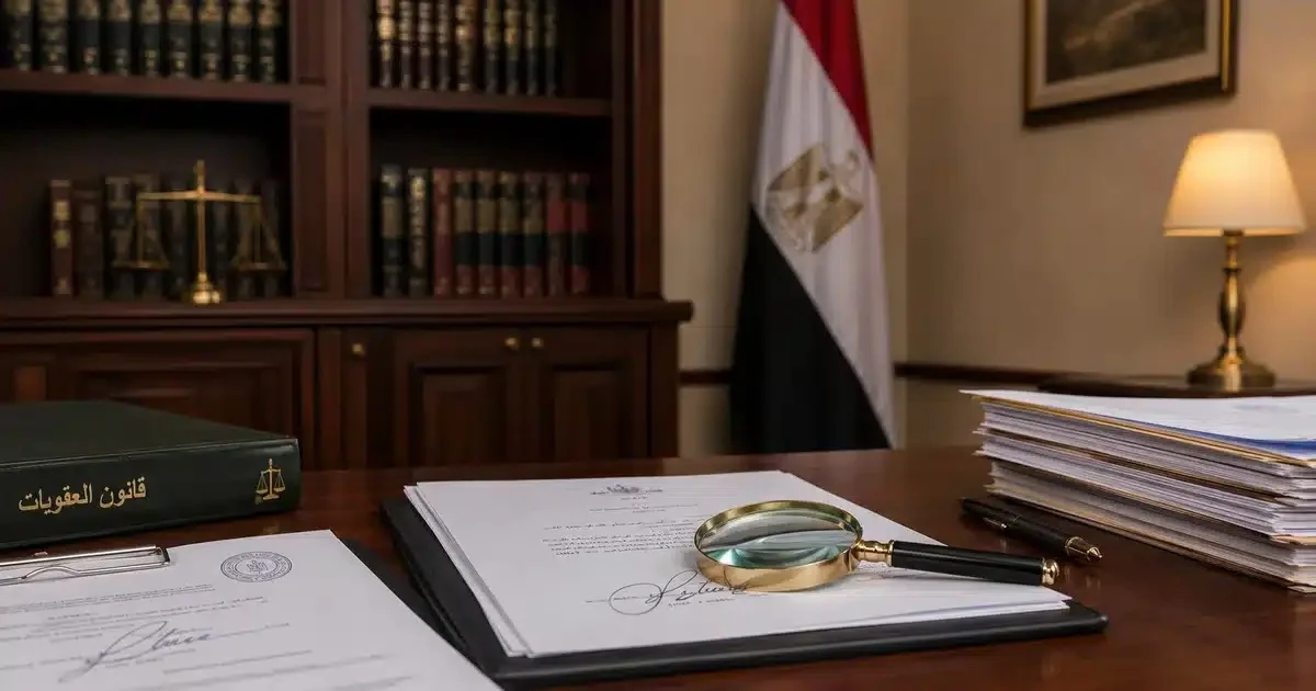 مستندات قانونية وعدسة فحص داخل مكتب محامي متخصص في قضايا التزوير في مصر