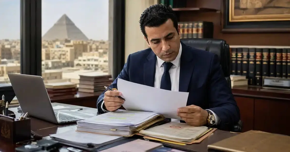 محامي بالنقض يراجع أوراق حكم ومستندات قضية طعن بالنقض في مصر داخل مكتب قانوني متخصص