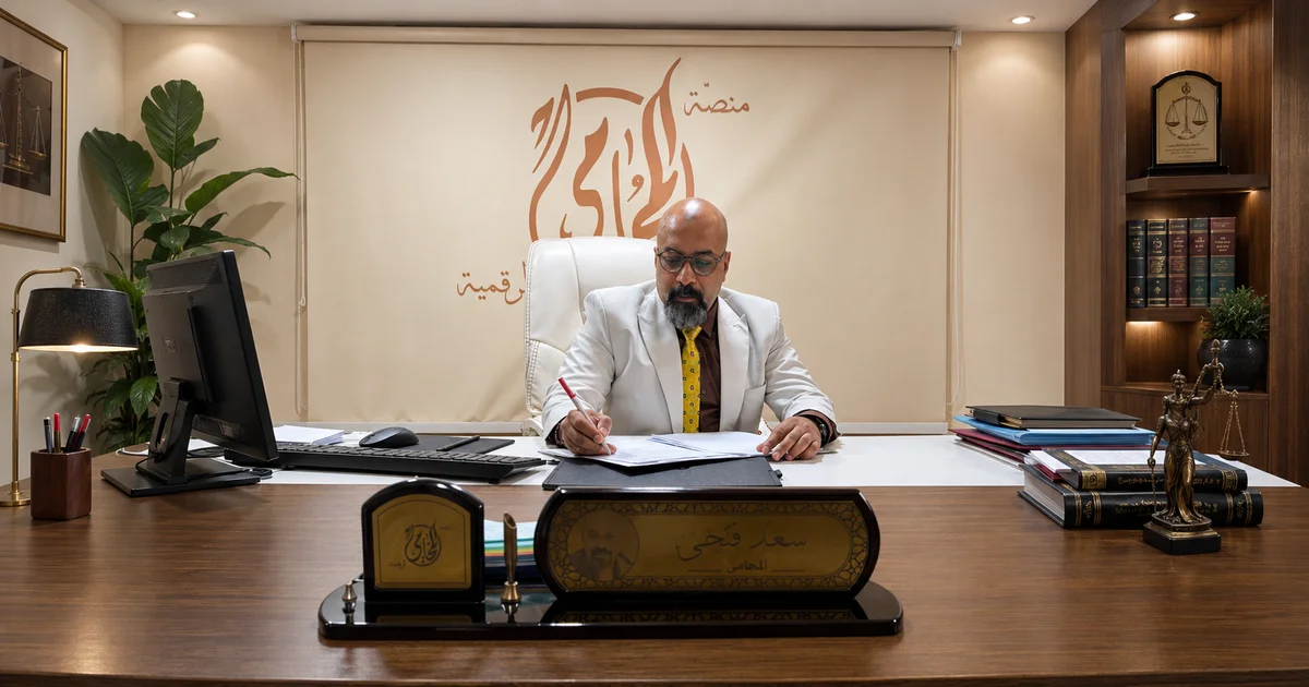 الأستاذ سعد فتحي سعد محامي بالنقض والدستورية العليا داخل مكتبه أثناء مراجعة أوراق ومستندات قضية عمالية تتعلق بالفصل التعسفي في مصر.