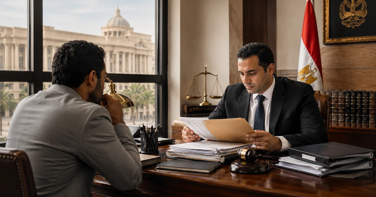 محامي قضاء إداري في مصر يراجع مستندات قرار إداري مع موكل لتحديد مواعيد الطعن والإجراء القانوني المناسب