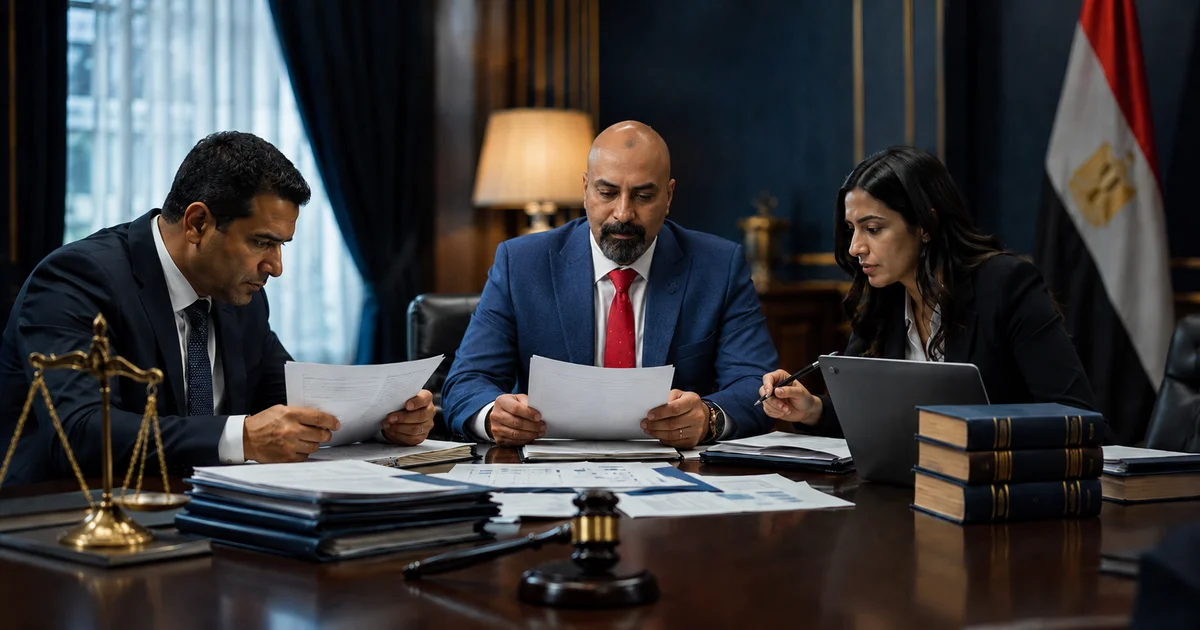 محامي قضايا أموال عامة في مصر يراجع أوراق التحقيق والمستندات مع فريق قانوني داخل مكتب رسمي
