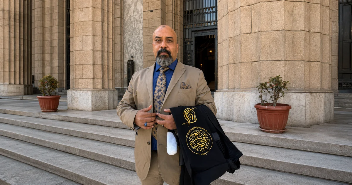 الأستاذ سعد فتحي سعد محامي بالنقض والدستورية العليا أمام مبنى قضائي ضمن مقال أفضل محامي مجلس الدولة في مصر للمنازعات الإدارية والطعون