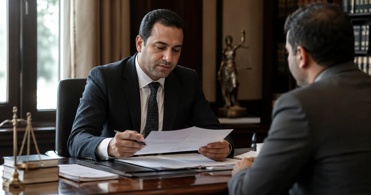 أفضل محامي استئناف في مصر يفحص أوراق القضية والحكم الابتدائي مع موكل داخل مكتب قانوني لتحديد أسباب الطعن