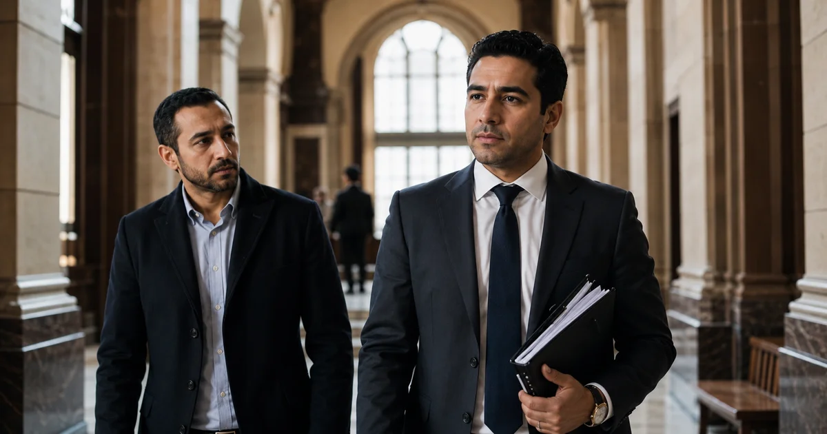 محامي استئناف في مصر يفحص أوراق القضية والحكم الابتدائي مع موكل داخل مكتب قانوني لتحديد أسباب الطعن