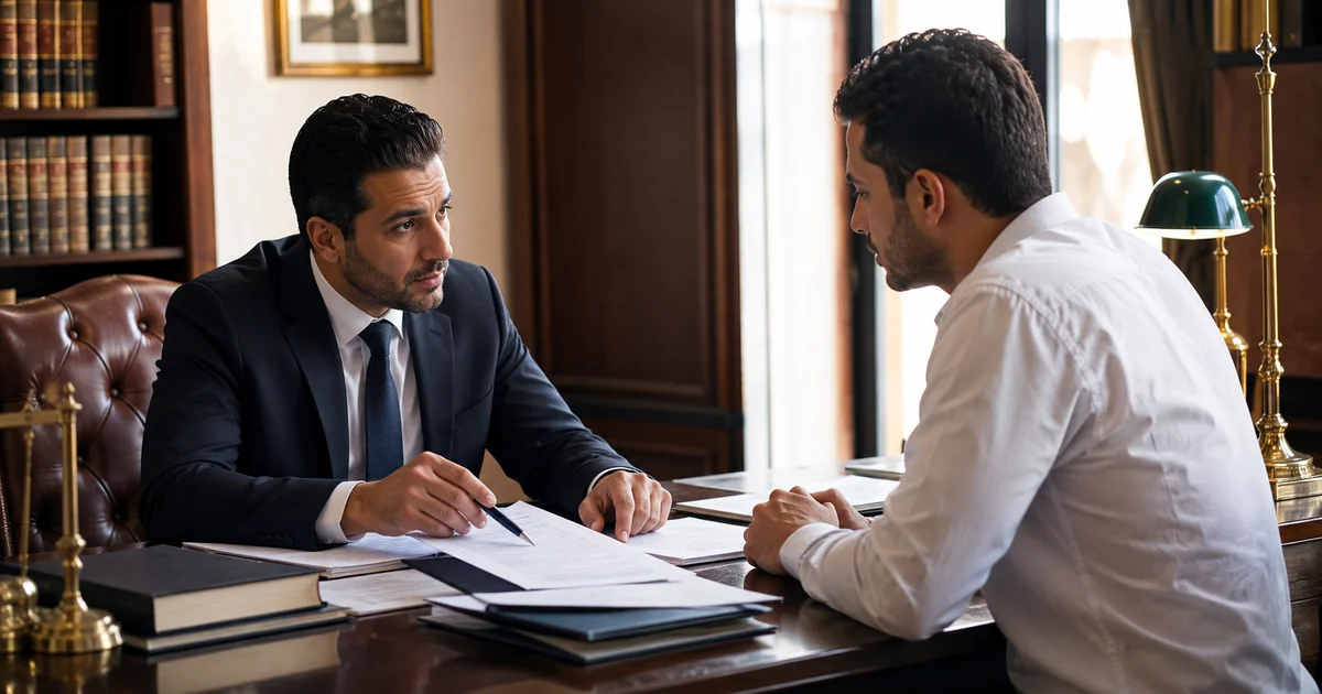 محامي جنائي في مصر يراجع مستندات قضية جنائية قبل إعداد خطة الدفاع.