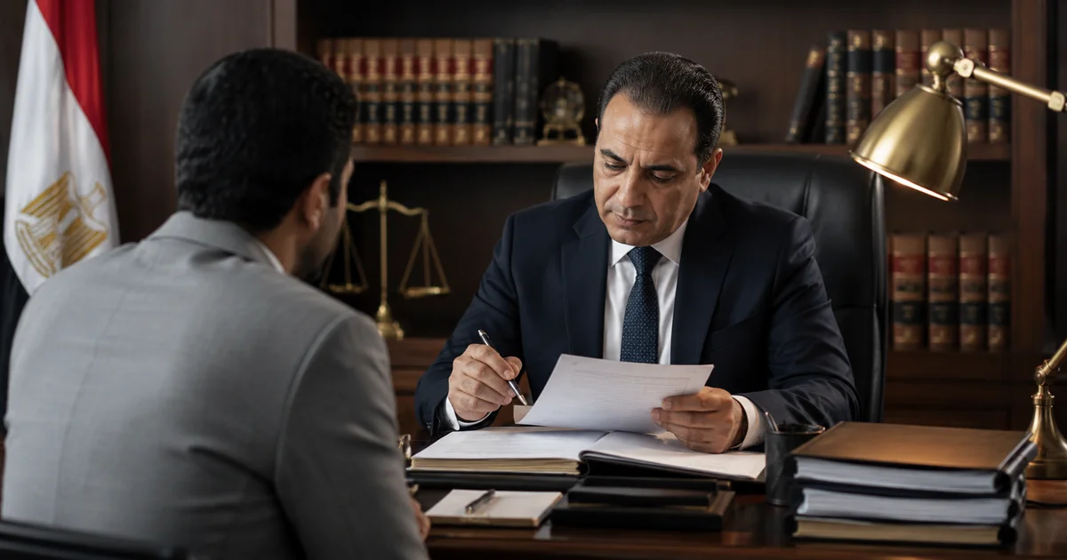 محامٍ متخصص يشرح مستندات قانونية لعميلة داخل مقر رسمي ضمن استشارة حول اختيار أفضل محامي في مصر