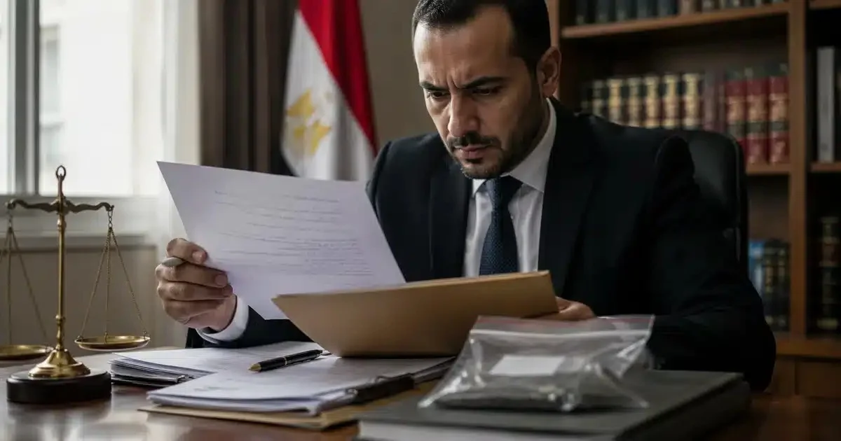 محامٍ يراجع أوراق قضية مخدرات داخل مكتبه مع وجود مضبوطات وميزان العدالة ضمن مقال إذن النيابة في قضايا المخدرات في مصر