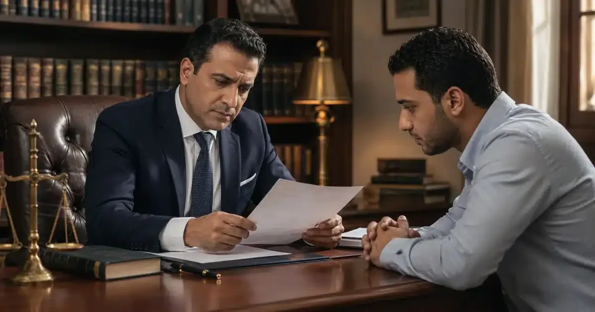 محامٍ يراجع مستندات قائمة المنقولات مع الزوج قبل تحديد موقف الطعن بالتزوير على قائمة المنقولات في مصر
