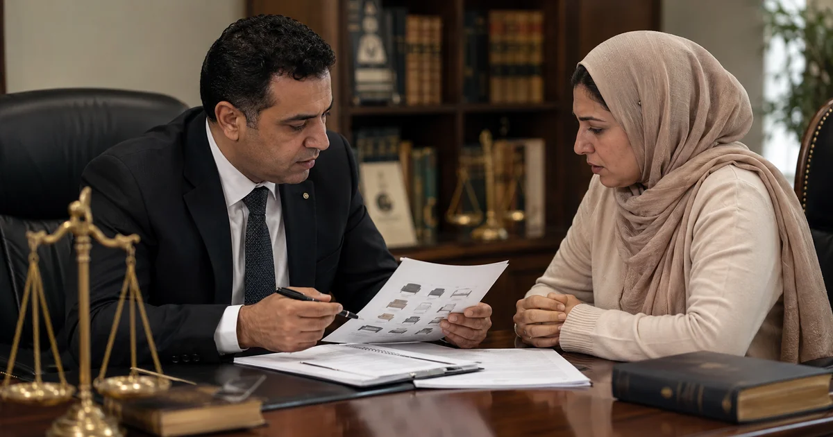محامي يشرح حكم تبديد المنقولات في مصر لزوجين داخل مكتب قانوني مع مراجعة المستندات.