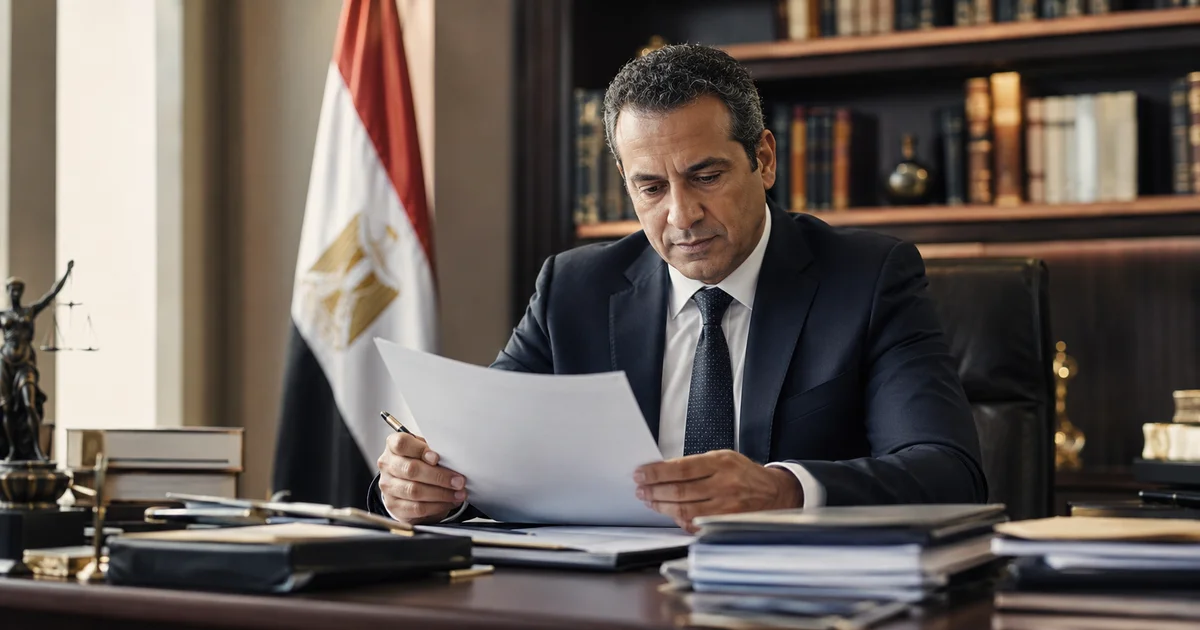 محامي في مصر يراجع أوراق قضية قانونية قبل تحديد الإجراء المناسب.