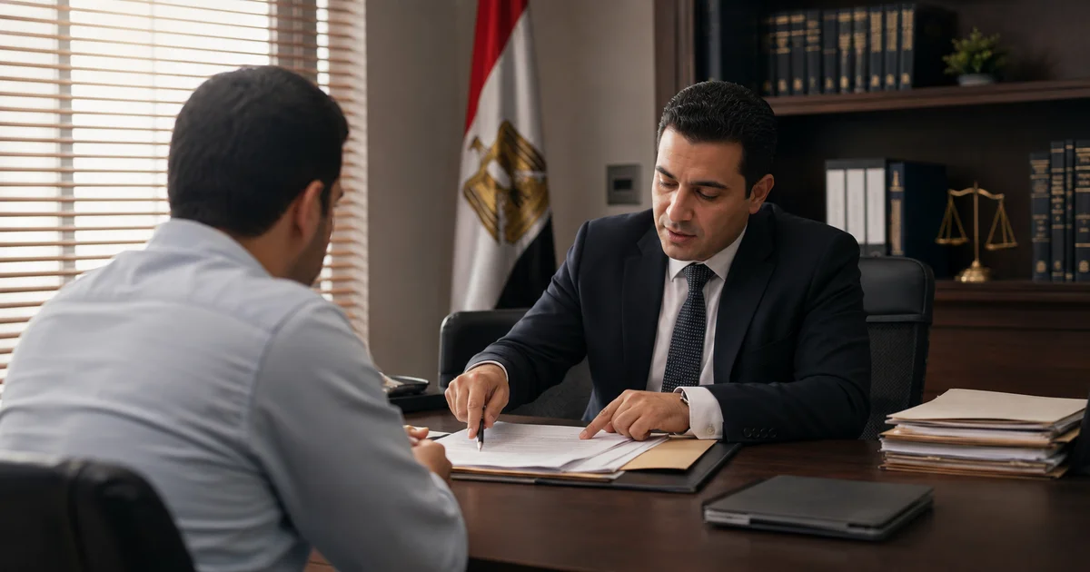 محامي نقض يناقش ملف قضية مع موكل داخل مكتب قانوني قبل اتخاذ قرار الطعن بالنقض.