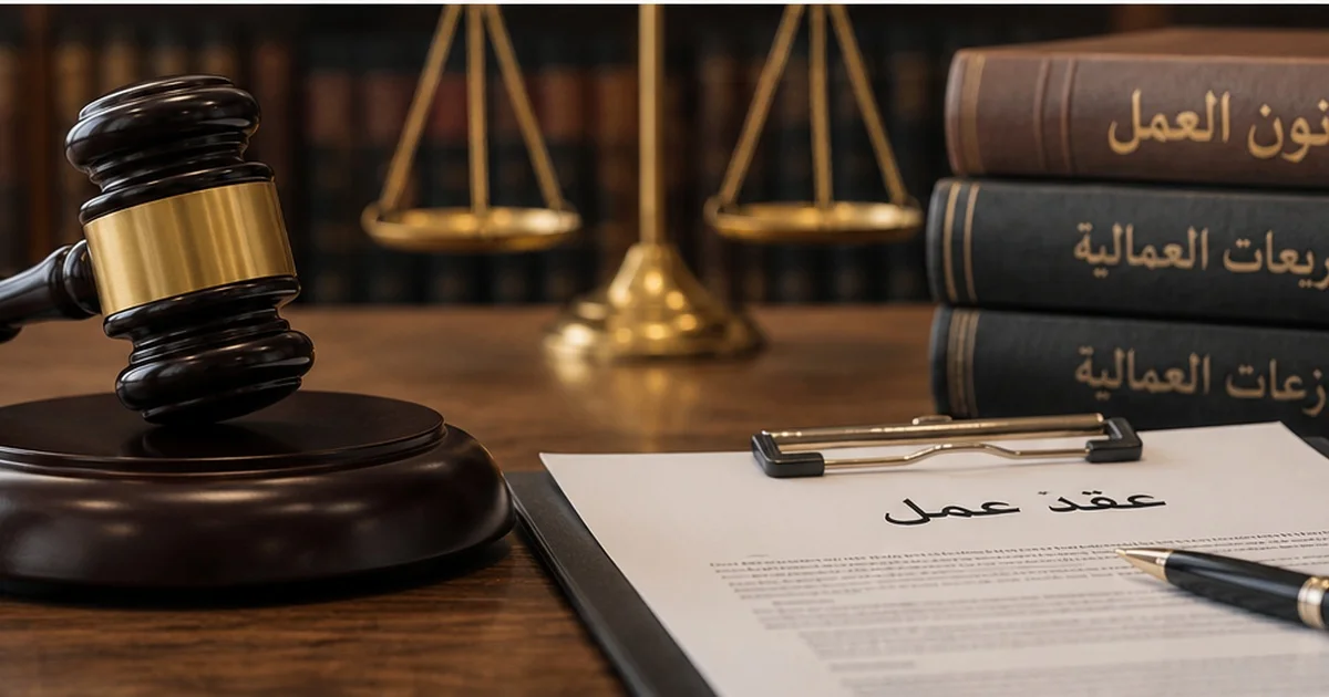 عقد عمل ومستندات قانونية بجوار مطرقة المحكمة وكتب قانون العمل لشرح مستندات قضايا الفصل التعسفي وتعويض العامل في مصر