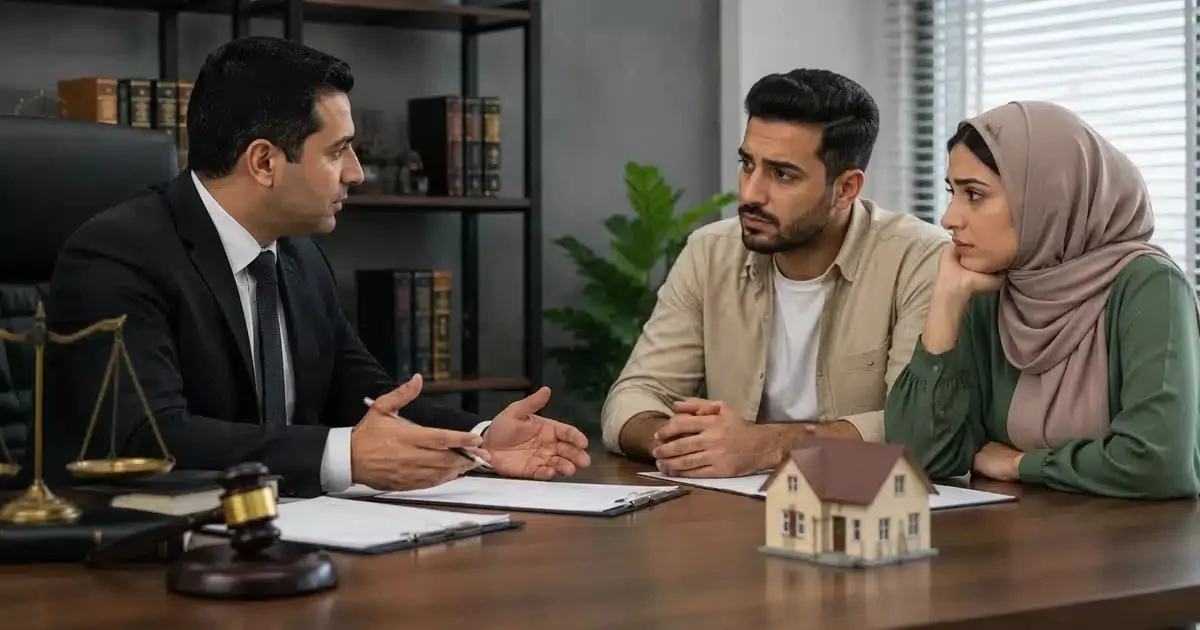 محامي يراجع قائمة المنقولات قضية جنائية مع زوجين قبل التحقيق أو التصالح