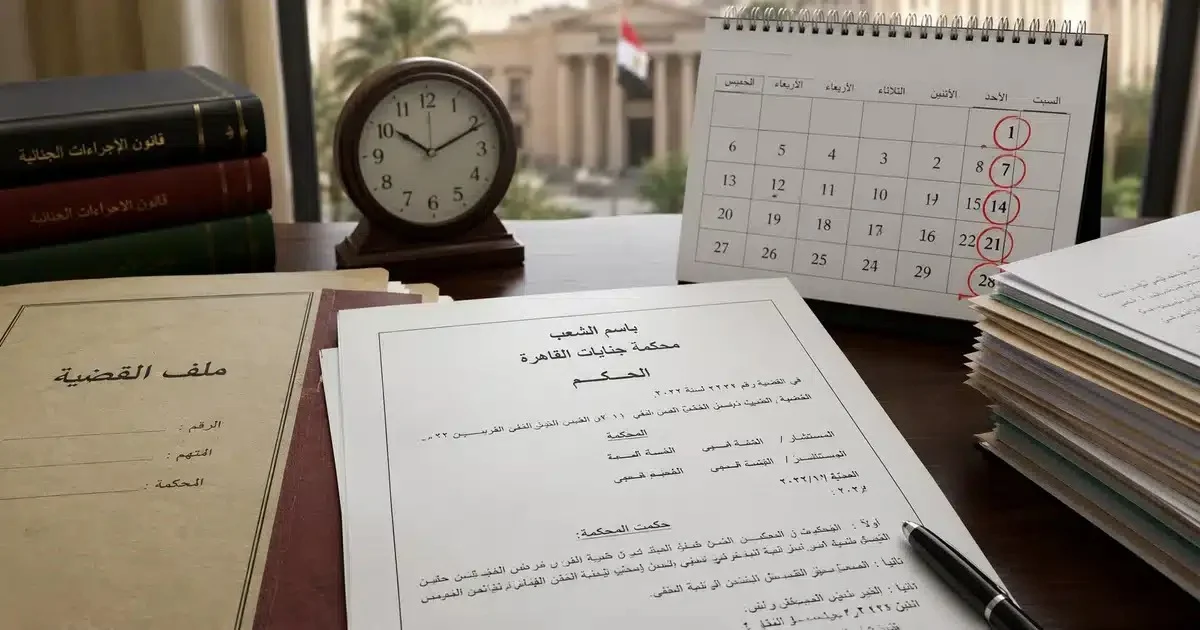 ميعاد الطعن بالنقض في قضية جنائية موضح من خلال حكم جنائي وتقويم لمتابعة مواعيد الطعن.