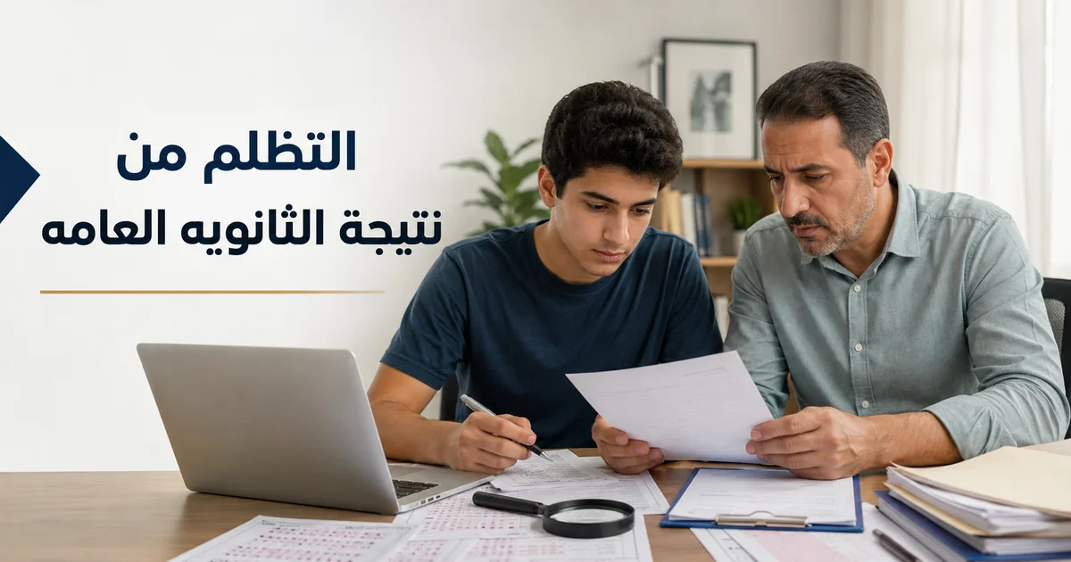 طالب وولي أمره يراجعان أوراق التظلم من نتيجة الثانويه العامه والدرجات قبل تقديم الملاحظات.