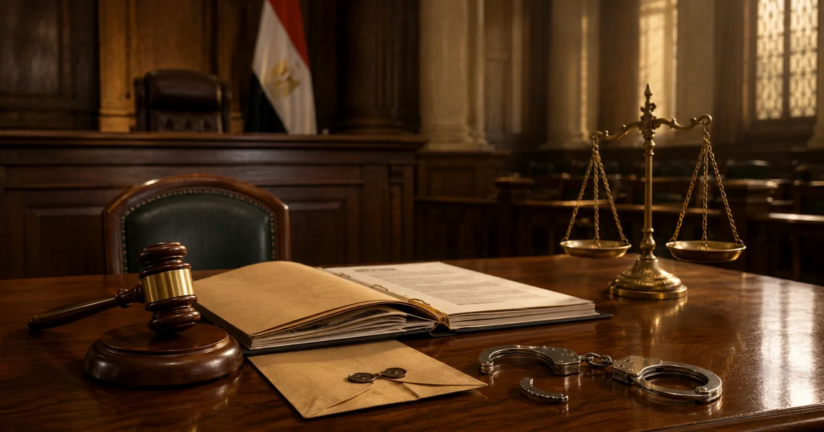 قاعة محكمة وميزان عدالة وقيود ترمز إلى إجراءات إخلاء سبيل المتهم في قضية مخدرات