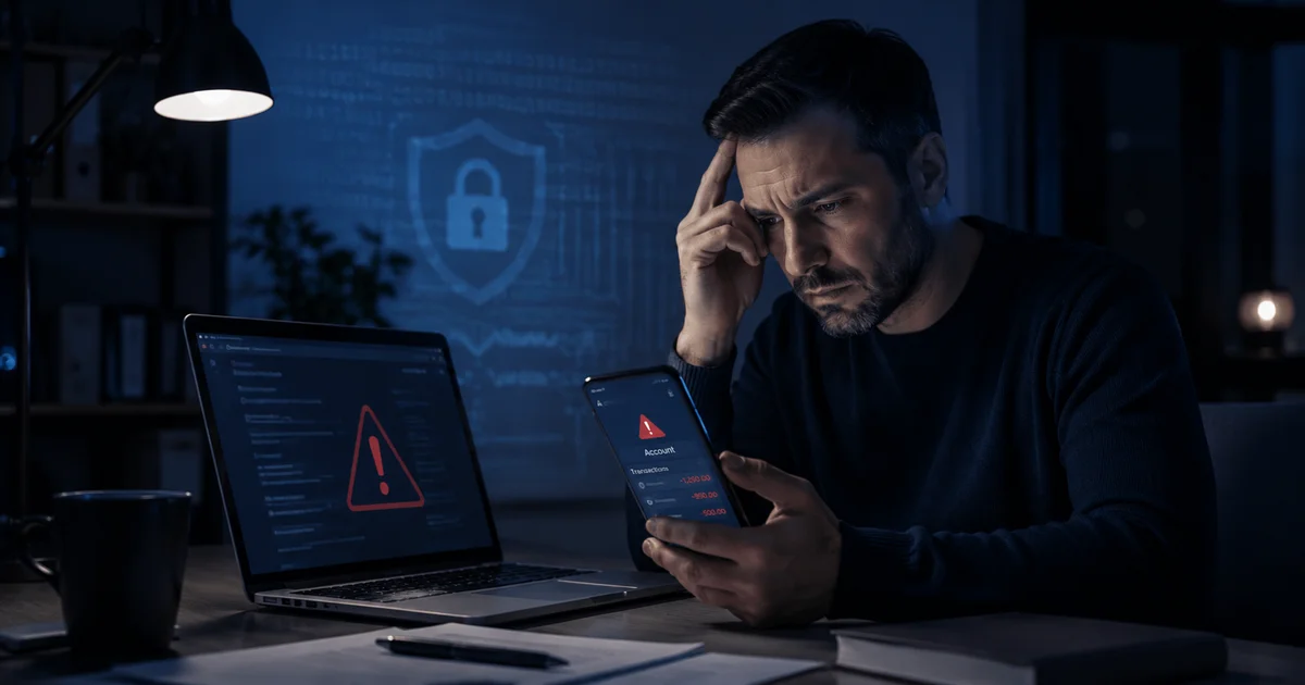 شخص يراجع هاتفه وحسابه بعد اكتشاف النصب الإلكتروني وخسارة أموال عبر الإنترنت