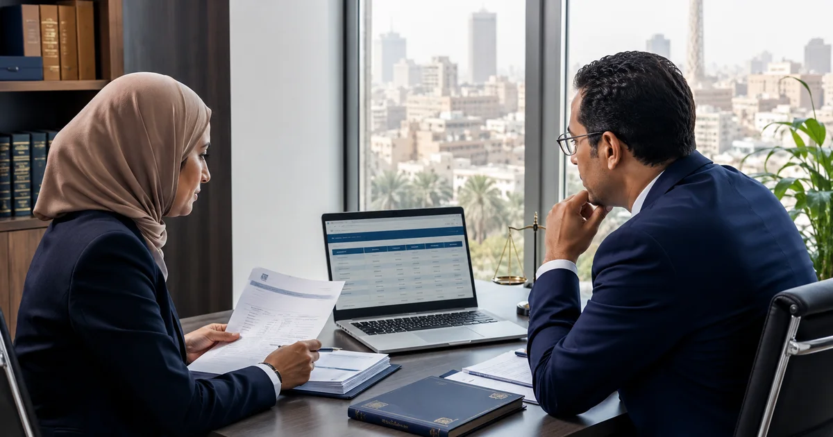 مستثمر ومحامية يراجعان مستندات شركة السمسرة للتحقق من الترخيص