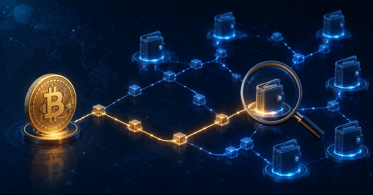 مسار رقمي يوضح تتبع معاملة البيتكوين بين عناوين المحافظ