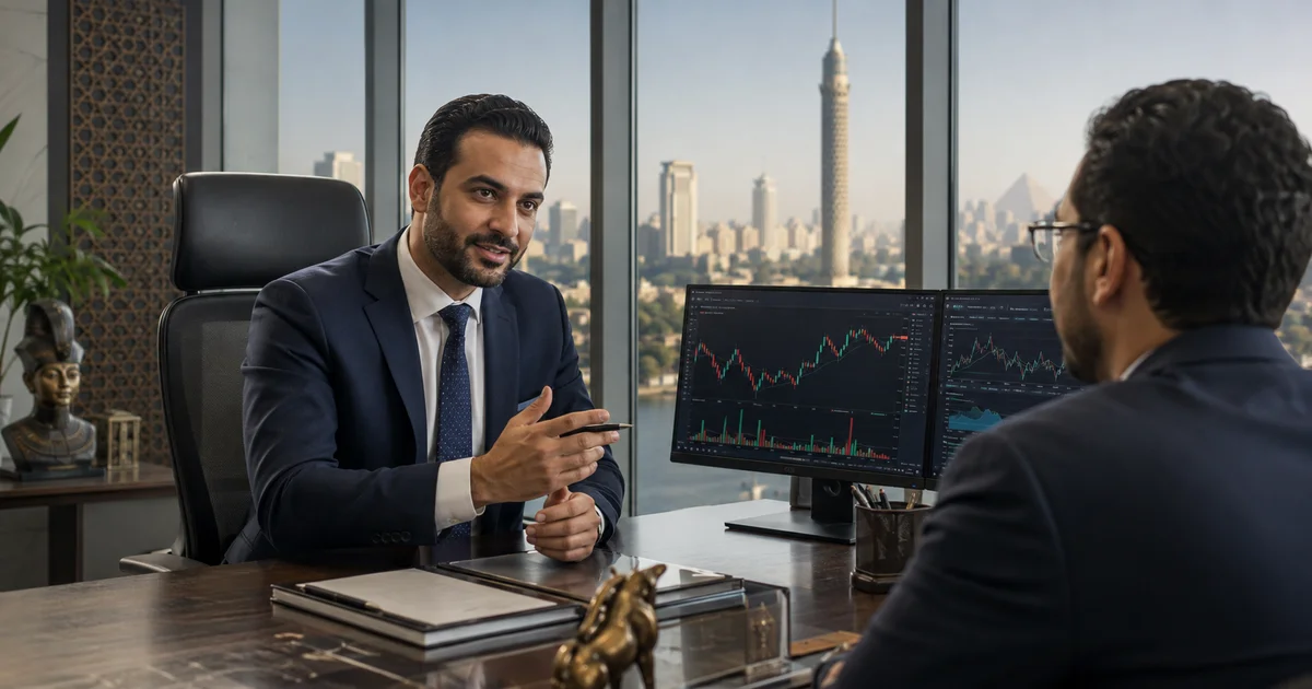 متداول يراجع شاشات أسعار الأسهم وبيانات السوق داخل مكتب شركة سمسرة في القاهرة.