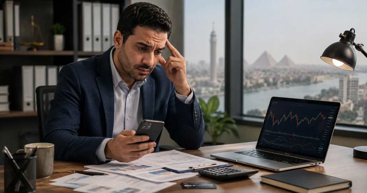عميل يراجع كشف حساب التداول على الهاتف بسبب نزاع حول رصيده لدى شركة السمسرة.
