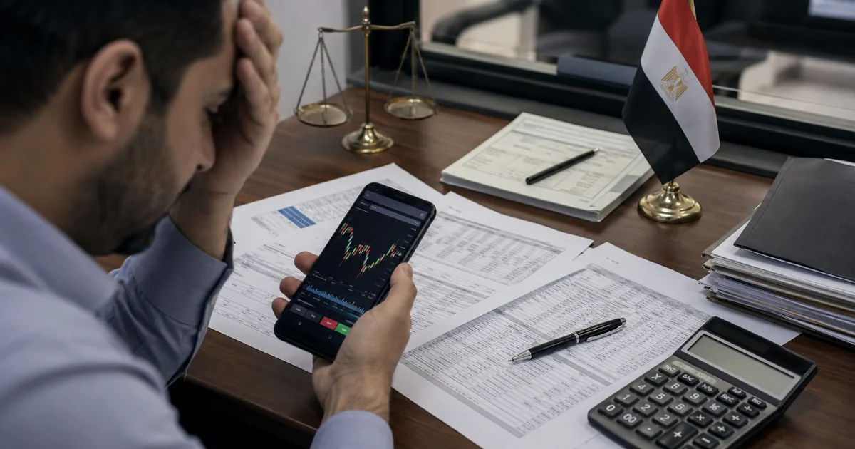 عميل يتابع رصيد حساب التداول عبر الهاتف والكمبيوتر مع ظهور مؤشرات البورصة.
