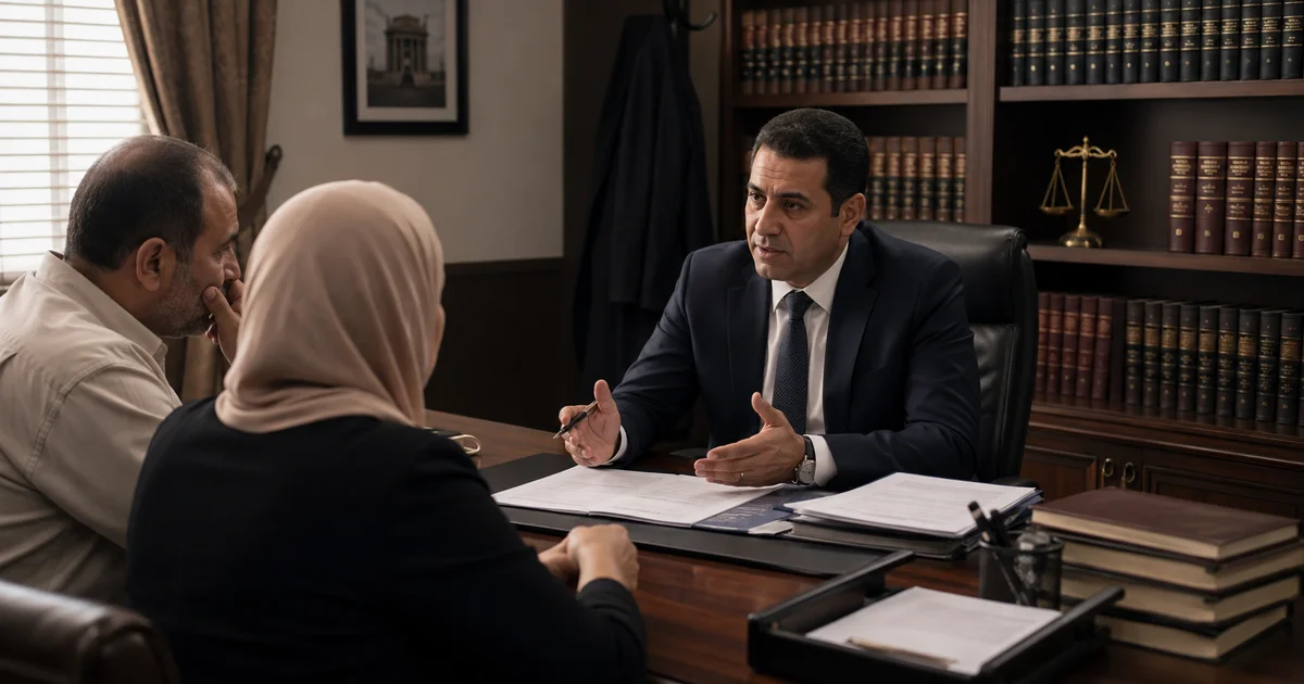 محامي استئناف الحبس الاحتياطي يشرح إجراءات القضية لأسرة المتهم داخل المكتب