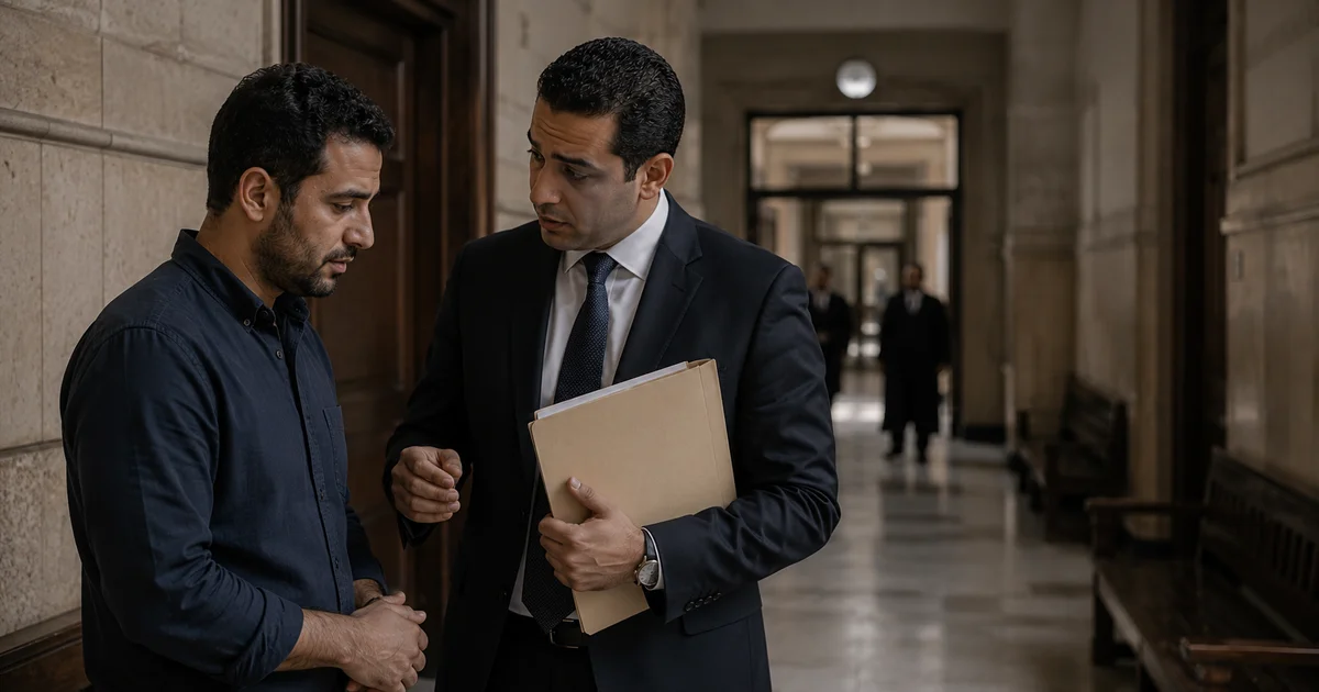 محامي تحقيقات نيابة يتحدث مع موكله قبل الحضور أمام النيابة