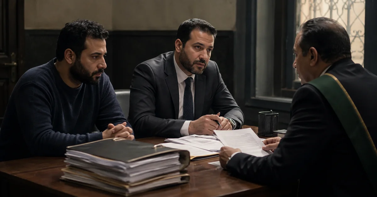 محامي تحقيقات نيابة يحضر مع المتهم أثناء مراجعة أوراق التحقيق
