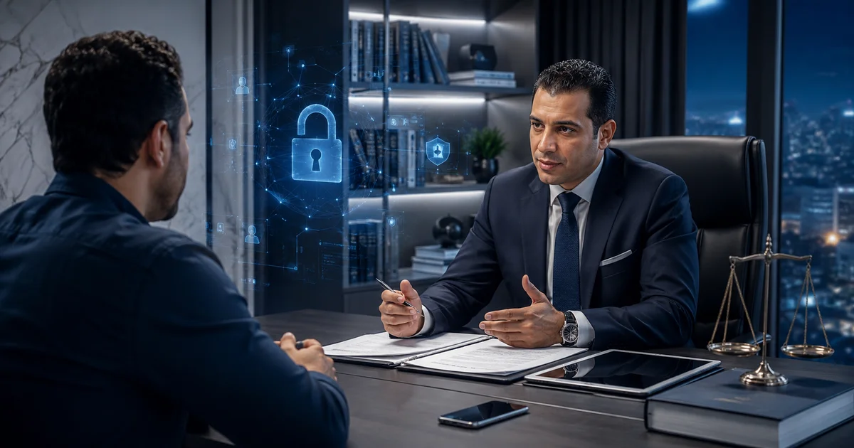 محامي جرائم إلكترونية يراجع واقعة رقمية مع عميل داخل مكتب قانوني