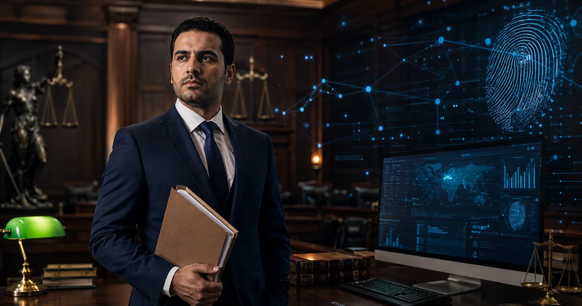 محامي جرائم إلكترونية يراجع مستندات وأدلة رقمية بجوار حاسوب