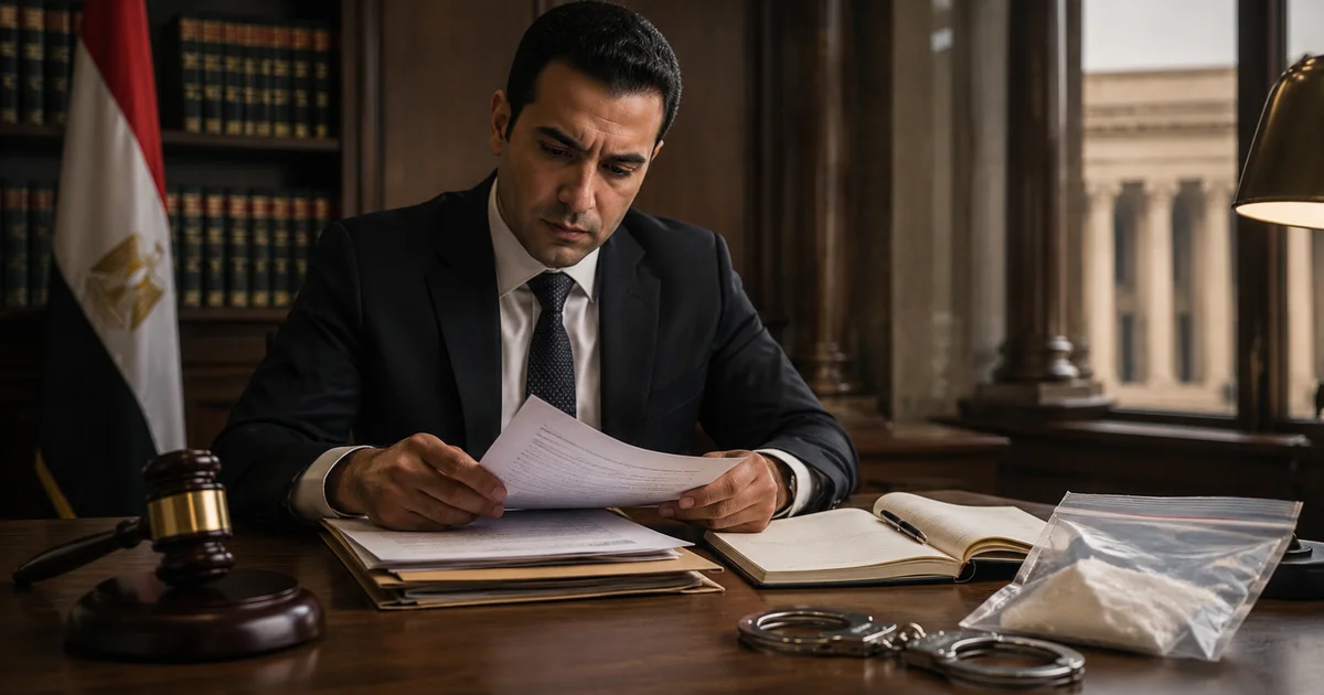 محامٍ يراجع أوراق قضية مخدرات وقرار الحبس قبل طلب إخلاء سبيل في قضية مخدرات