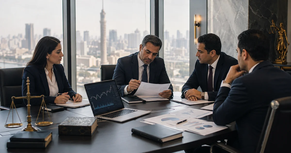 محامون ومستشارون يراجعون مستندات وصفقة استحواذ ضمن إجراءات عرض الشراء الإجباري في مصر