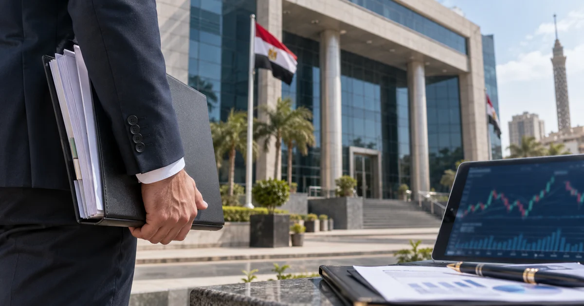 ممثل شركة أوراق مالية يحمل مستندات أمام جهة رقابية مع شاشة تداول في السوق المصري