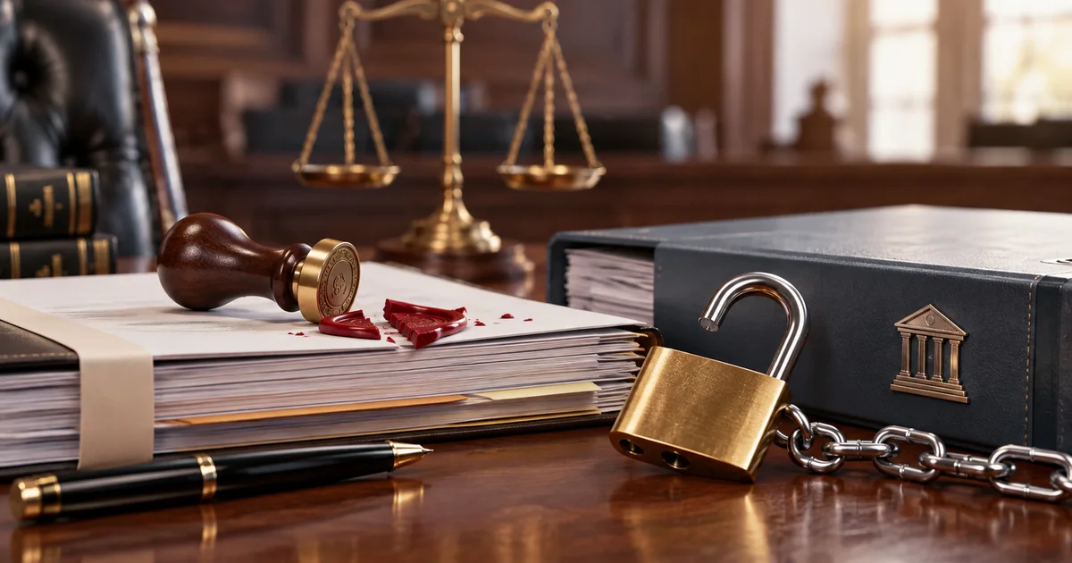 ملفات قانونية وختم رسمي وقفل مفتوح على مكتب محاماة في مشهد يوضح إجراءات رفع التحفظ على الأموال