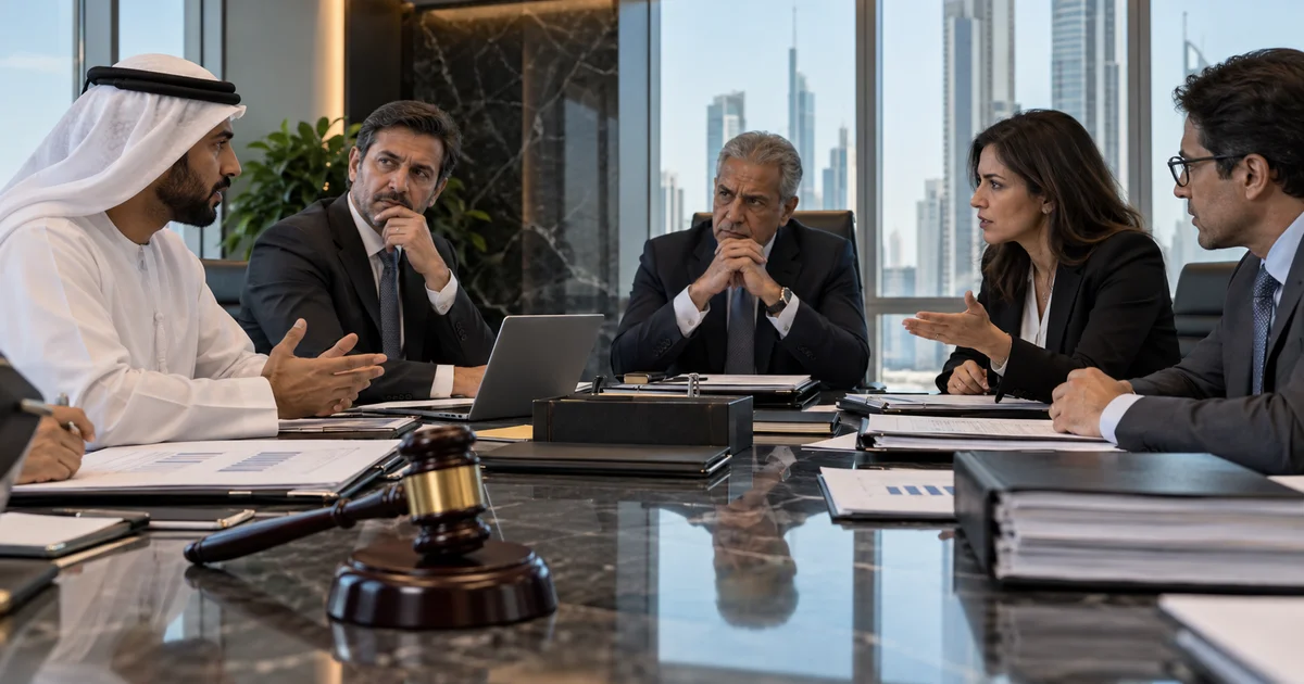 ميزان العدالة ومطرقة القضاء أمام اجتماع مجلس إدارة شركة في نزاع حول مسؤولية أعضاء المجلس