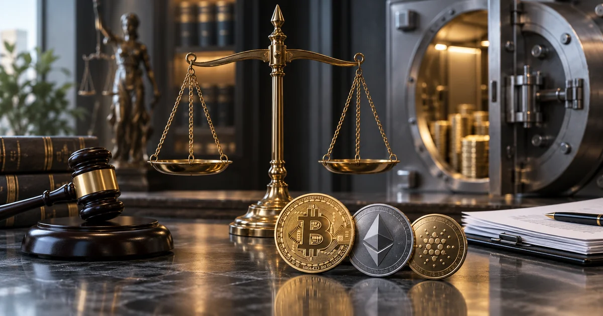 مطرقة قاضٍ مع عملات رقمية وكتب قانونية في مشهد يرمز إلى رفع التحفظ على الأموال في قضايا العملات الرقمية