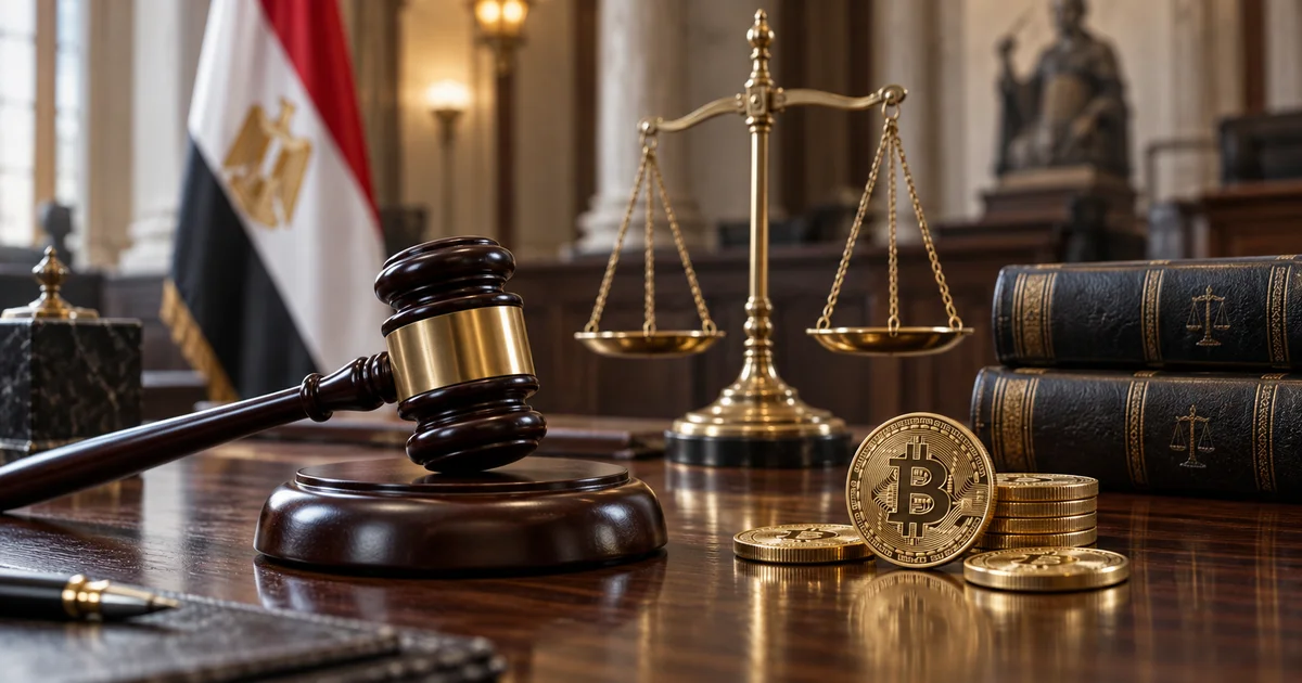 ميزان العدالة ومطرقة المحكمة مع بيتكوين لتوضيح التكييف القانوني لقضايا العملات المشفرة في مصر