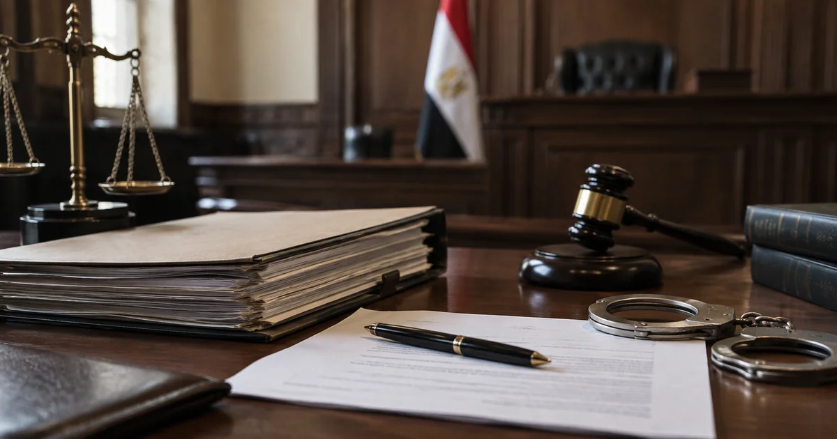 ملف قضية جنائية مع ميزان العدالة وأصفاد يرمز إلى تنفيذ أمر الضبط والإحضار ومراجعة مشروعية الإجراء