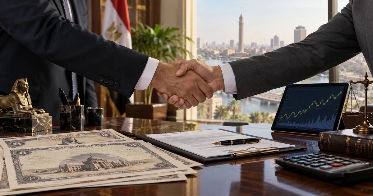 مصافحة بين طرفي صفقة استحواذ على أسهم شركة مقيدة بالبورصة مع مستندات قانونية وبيانات سوق المال