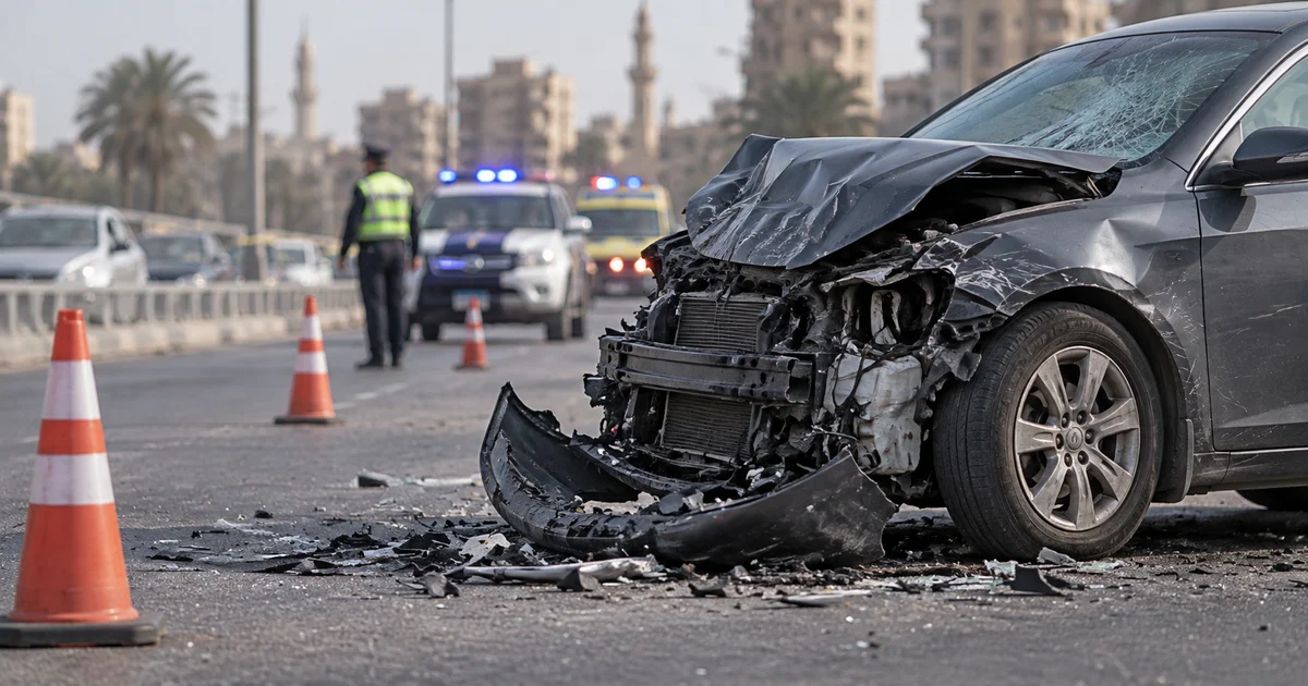 حادث سيارة مميت على طريق سريع مع سيارة محطمة ومركبات الطوارئ في موقع الحادث