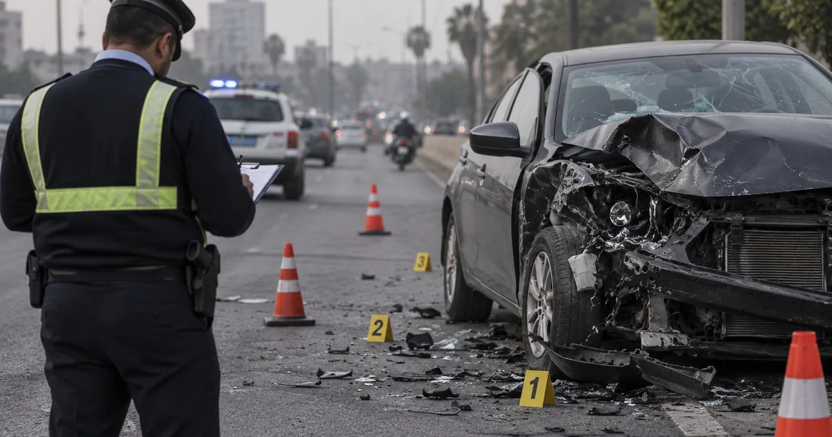 معاينة حادث سيارة فيه وفاة بواسطة شرطي المرور وفحص آثار التصادم
