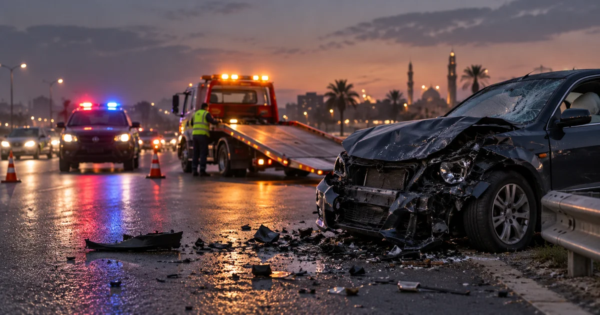 سيارة تعرضت لحادث شديد على طريق في مصر مع انتشار الحطام وإجراءات تأمين موقع الحادث