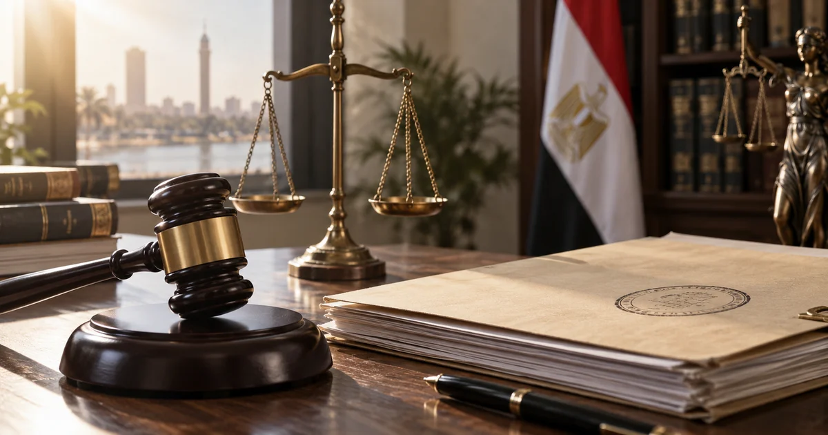 مطرقة قاضٍ وميزان العدالة وملف قانوني يرمزان إلى رد الاعتبار ومحو السابقة الجنائية