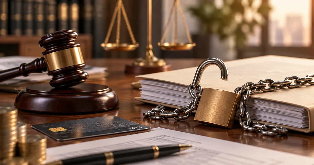 مطرقة قاضٍ وملف مالي مقيد بسلسلة وقفل مفتوح في مشهد يرمز إلى رفع التحفظ على الأموال