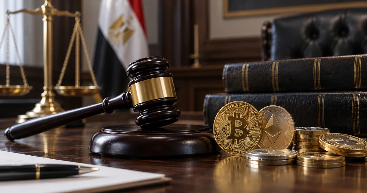 ميزان العدالة مع عملات رقمية وخزنة مالية في مشهد يعبّر عن التظلم من التحفظ على الأموال في قضايا العملات الرقمية