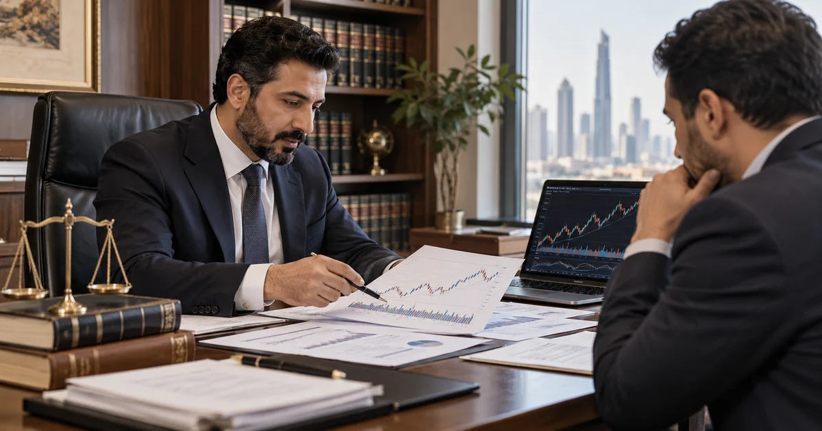 محام يراجع مع مستثمر مستندات التداول والضرر الناتج عن خطأ شركة السمسرة