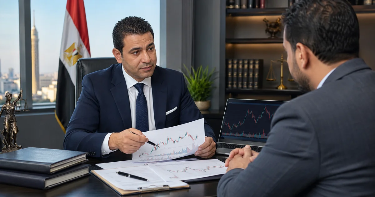 محامي قضايا بورصة يراجع مستندات وأدلة التداول مع العميل في المكتب