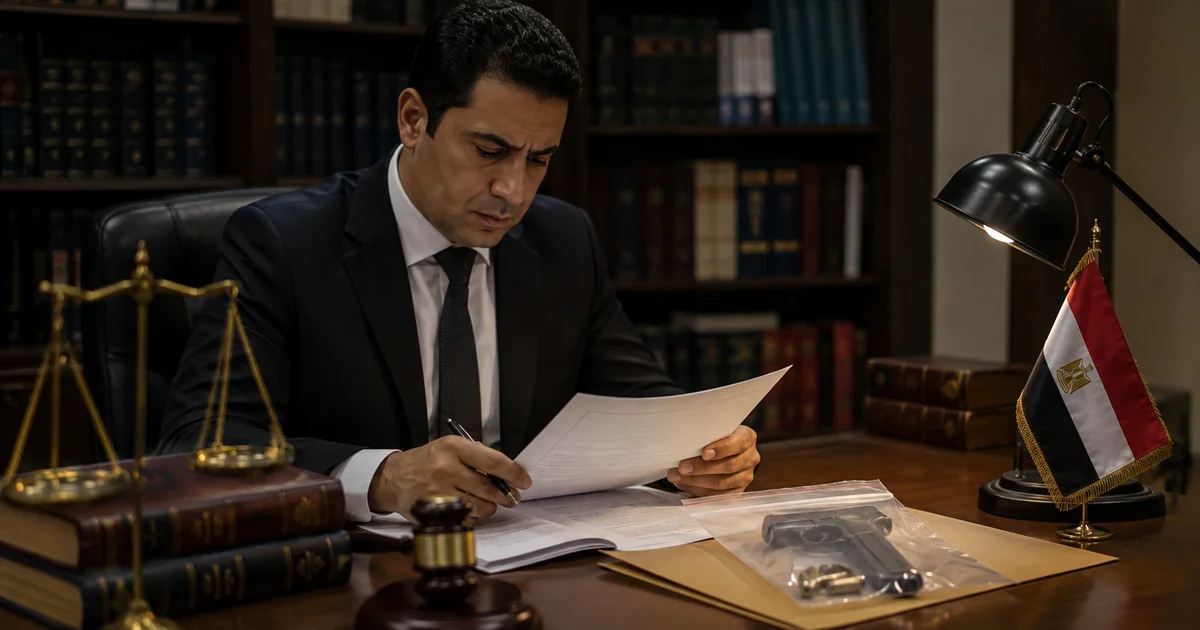 محامي قضايا سلاح يراجع ملف القضية بجوار سلاح وذخيرة ضمن الأحراز.