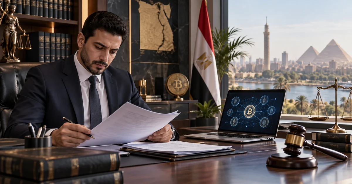 محامي قضايا عملات رقمية في مصر يراجع مستندات قضية مرتبطة بالبيتكوين والعملات المشفرة